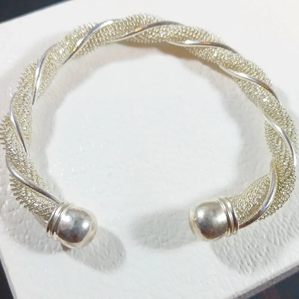 Vintage Silver Tone Twisted Mesh and Wire Cuff Bracelet